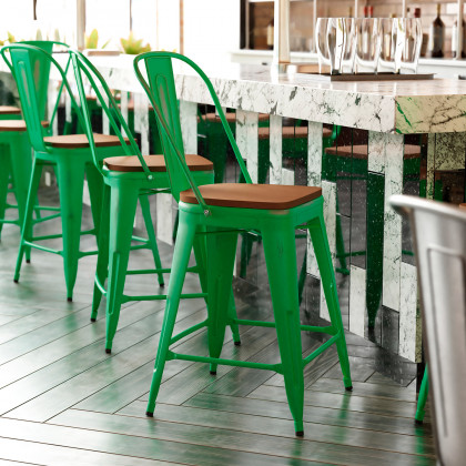 BLNK - Carly Commercial Metal Indoor-Outdoor Counter Height Stool with Poly Resin Wood Seat