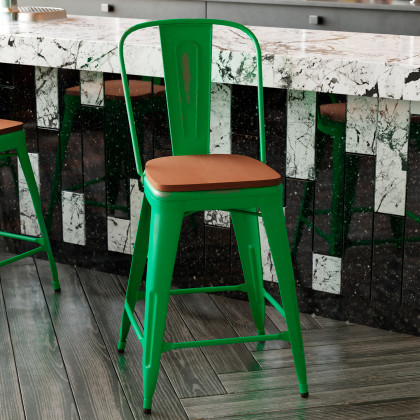 BLNK Carly Commercial Metal Indoor-Outdoor Counter Height Stool with Poly Resin Wood Seat - Green/Teak