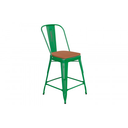 BLNK Carly Commercial Metal Indoor-Outdoor Counter Height Stool with Poly Resin Wood Seat - Green/Teak