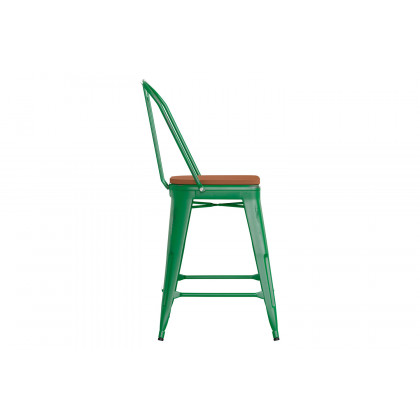 BLNK Carly Commercial Metal Indoor-Outdoor Counter Height Stool with Poly Resin Wood Seat - Green/Teak