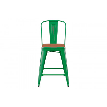 BLNK Carly Commercial Metal Indoor-Outdoor Counter Height Stool with Poly Resin Wood Seat - Green/Teak