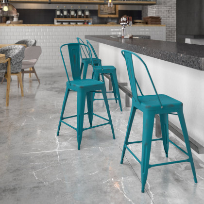 BLNK - Carly Commercial Metal Distressed Indoor-Outdoor Counter Height Stool