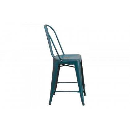 BLNK Carly Commercial Metal Distressed Indoor-Outdoor Counter Height Stool - Kelly Blue/Teal