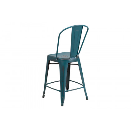 BLNK Carly Commercial Metal Distressed Indoor-Outdoor Counter Height Stool - Kelly Blue/Teal