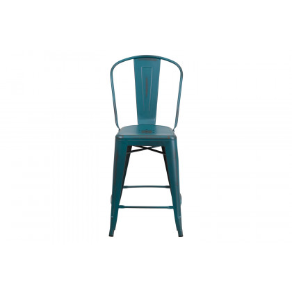 BLNK Carly Commercial Metal Distressed Indoor-Outdoor Counter Height Stool - Kelly Blue/Teal