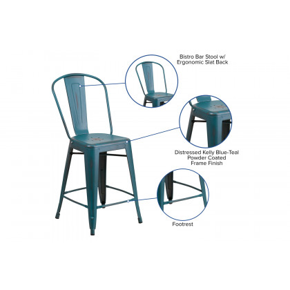 BLNK Carly Commercial Metal Distressed Indoor-Outdoor Counter Height Stool - Kelly Blue/Teal