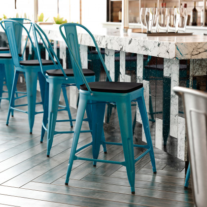 BLNK - Carly Commercial Metal Indoor-Outdoor Counter Height Stool with Poly Resin Wood Seat