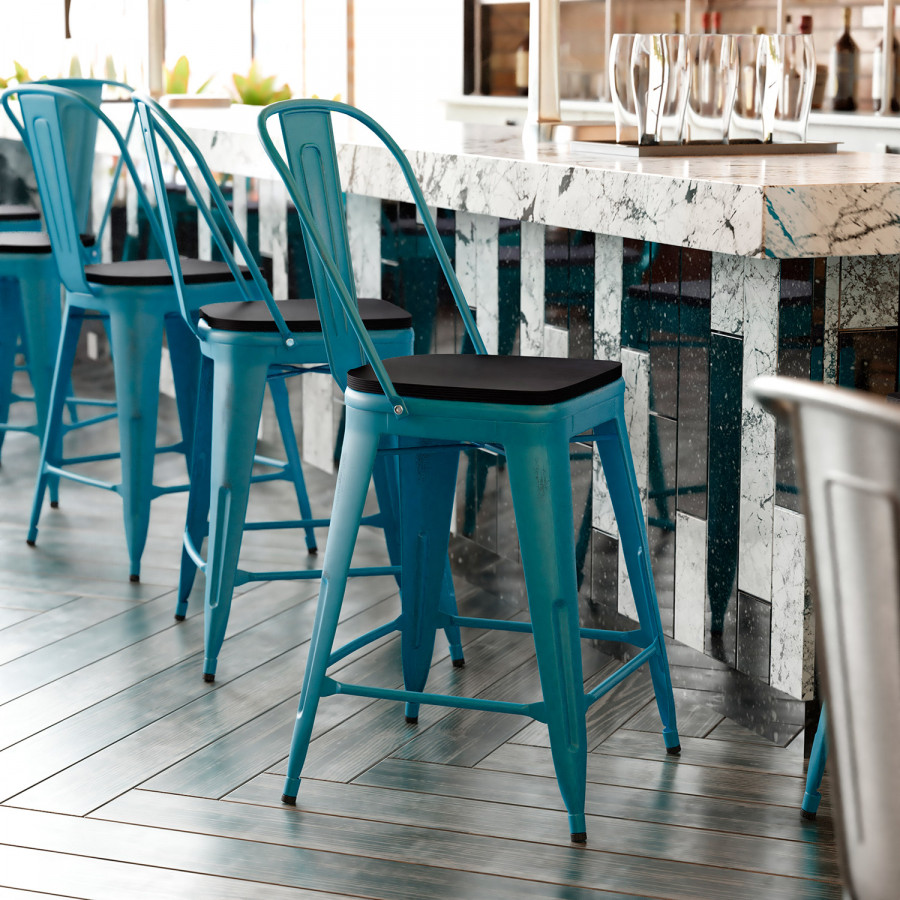 BLNK Carly Commercial Metal Indoor-Outdoor Counter Height Stool with Poly Resin Wood Seat - Kelly Blue-Teal/Black