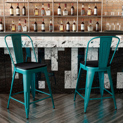 BLNK Carly Commercial Metal Indoor-Outdoor Counter Height Stool with Poly Resin Wood Seat - Kelly Blue-Teal/Black
