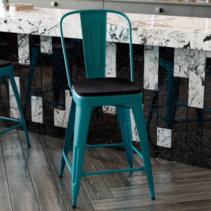 BLNK Carly Commercial Metal Indoor-Outdoor Counter Height Stool with Poly Resin Wood Seat - Kelly Blue-Teal/Black