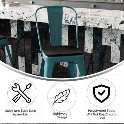 BLNK Carly Commercial Metal Indoor-Outdoor Counter Height Stool with Poly Resin Wood Seat - Kelly Blue-Teal/Black