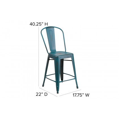 BLNK Carly Commercial Metal Indoor-Outdoor Counter Height Stool with Poly Resin Wood Seat - Kelly Blue-Teal/Black