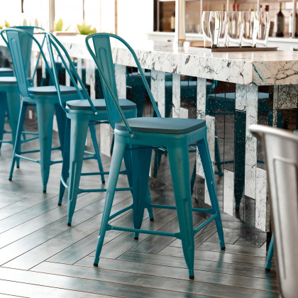 BLNK - Carly Commercial Metal Indoor-Outdoor Counter Height Stool with Poly Resin Wood Seat
