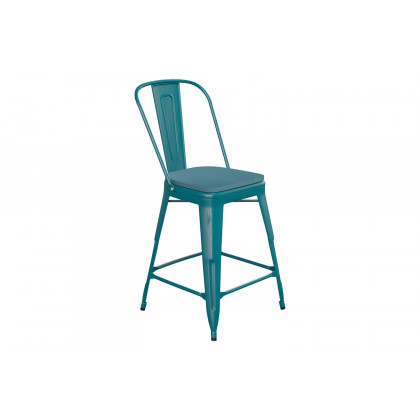 BLNK Carly Commercial Metal Indoor-Outdoor Counter Height Stool with Poly Resin Wood Seat - Kelly Blue-Teal/Teal-Blue