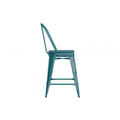 BLNK Carly Commercial Metal Indoor-Outdoor Counter Height Stool with Poly Resin Wood Seat - Kelly Blue-Teal/Teal-Blue