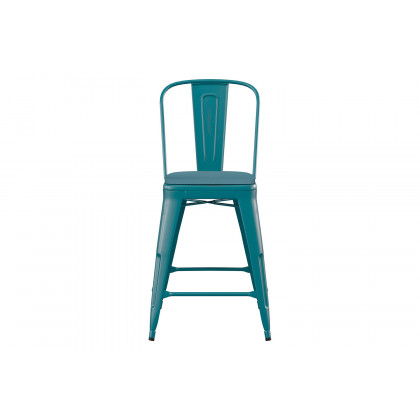 BLNK Carly Commercial Metal Indoor-Outdoor Counter Height Stool with Poly Resin Wood Seat - Kelly Blue-Teal/Teal-Blue