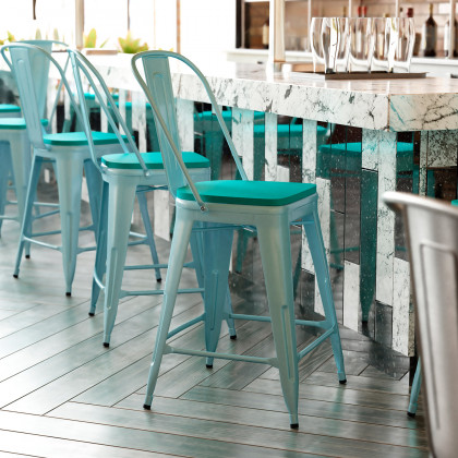BLNK - Carly Commercial Metal Indoor-Outdoor Counter Height Stool with Poly Resin Wood Seat