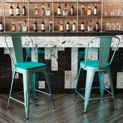 BLNK Carly Commercial Metal Indoor-Outdoor Counter Height Stool with Poly Resin Wood Seat - Mint Green