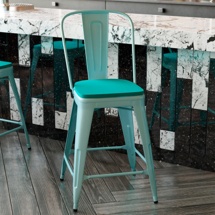 BLNK Carly Commercial Metal Indoor-Outdoor Counter Height Stool with Poly Resin Wood Seat - Mint Green