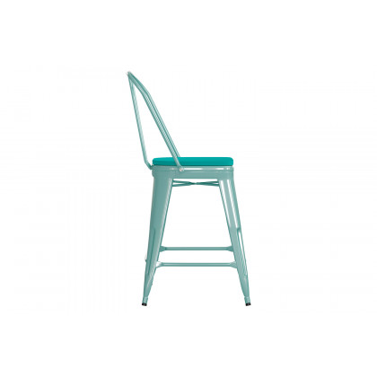 BLNK Carly Commercial Metal Indoor-Outdoor Counter Height Stool with Poly Resin Wood Seat - Mint Green
