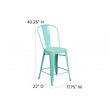 BLNK Carly Commercial Metal Indoor-Outdoor Counter Height Stool with Poly Resin Wood Seat - Mint Green