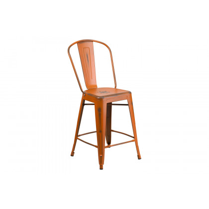 BLNK Carly Commercial Metal Distressed Indoor-Outdoor Counter Height Stool - Orange