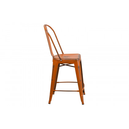BLNK Carly Commercial Metal Distressed Indoor-Outdoor Counter Height Stool - Orange