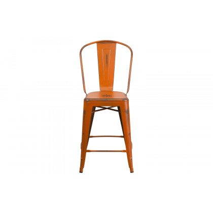 BLNK Carly Commercial Metal Distressed Indoor-Outdoor Counter Height Stool - Orange