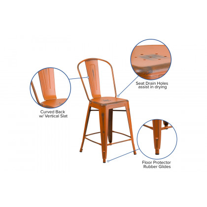 BLNK Carly Commercial Metal Distressed Indoor-Outdoor Counter Height Stool - Orange