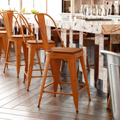 BLNK - Carly Commercial Metal Indoor-Outdoor Counter Height Stool with Poly Resin Wood Seat