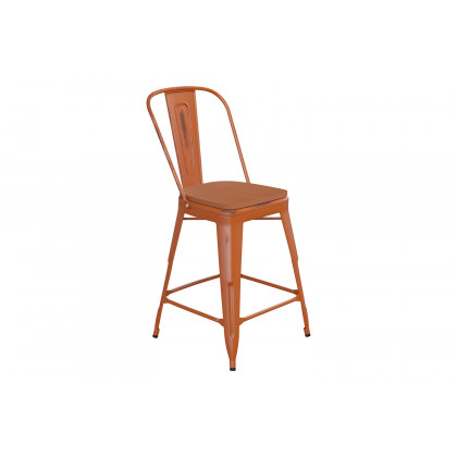 BLNK Carly Commercial Metal Indoor-Outdoor Counter Height Stool with Poly Resin Wood Seat - Orange/Teak