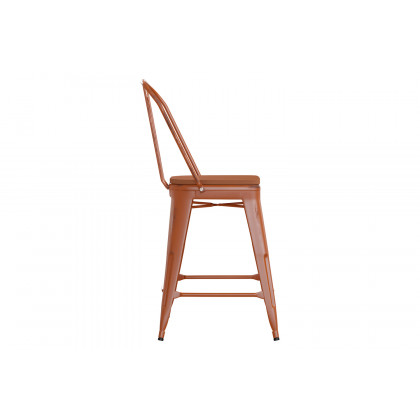 BLNK Carly Commercial Metal Indoor-Outdoor Counter Height Stool with Poly Resin Wood Seat - Orange/Teak