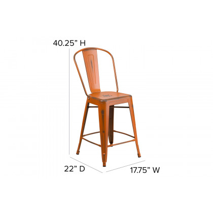 BLNK Carly Commercial Metal Indoor-Outdoor Counter Height Stool with Poly Resin Wood Seat - Orange/Teak
