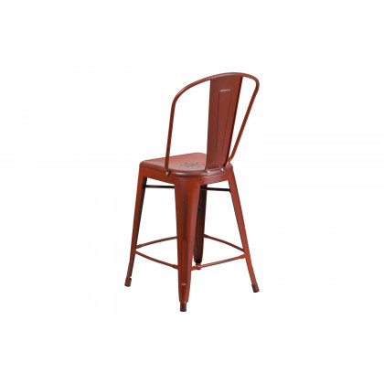 BLNK Carly Commercial Metal Distressed Indoor-Outdoor Counter Height Stool - Kelly Red