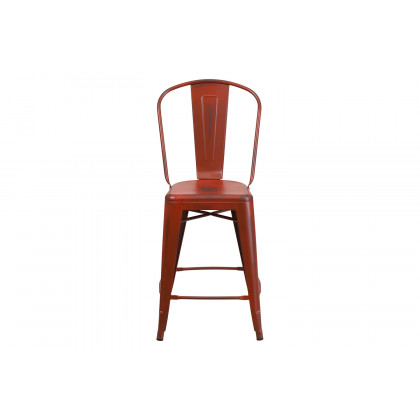 BLNK Carly Commercial Metal Distressed Indoor-Outdoor Counter Height Stool - Kelly Red