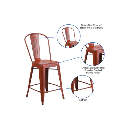 BLNK Carly Commercial Metal Distressed Indoor-Outdoor Counter Height Stool - Kelly Red