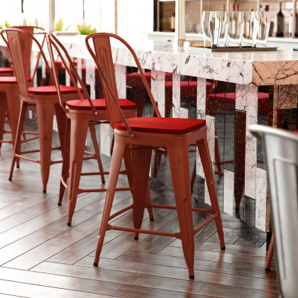 BLNK - Carly Commercial Metal Indoor-Outdoor Counter Height Stool with Poly Resin Wood Seat