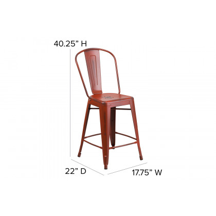 BLNK Carly Commercial Metal Indoor-Outdoor Counter Height Stool with Poly Resin Wood Seat - Kelly Red/Red