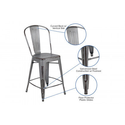 BLNK Carly Commercial Metal Distressed Indoor-Outdoor Counter Height Stool - Silver Gray