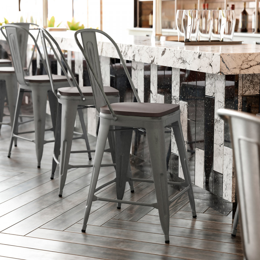 BLNK - Carly Commercial Metal Indoor-Outdoor Counter Height Stool with Poly Resin Wood Seat