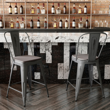 BLNK - Carly Commercial Metal Indoor-Outdoor Counter Height Stool with Poly Resin Wood Seat