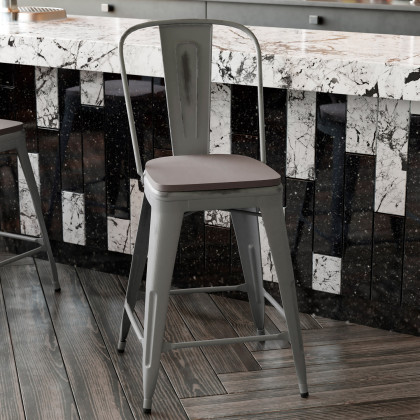 BLNK Carly Commercial Metal Indoor-Outdoor Counter Height Stool with Poly Resin Wood Seat - Silver Gray/Gray
