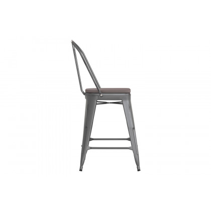 BLNK Carly Commercial Metal Indoor-Outdoor Counter Height Stool with Poly Resin Wood Seat - Silver Gray/Gray