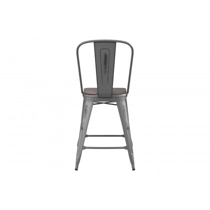 BLNK Carly Commercial Metal Indoor-Outdoor Counter Height Stool with Poly Resin Wood Seat - Silver Gray/Gray