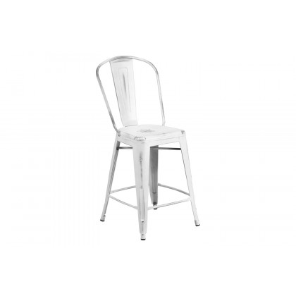 BLNK Carly Commercial Metal Distressed Indoor-Outdoor Counter Height Stool - White