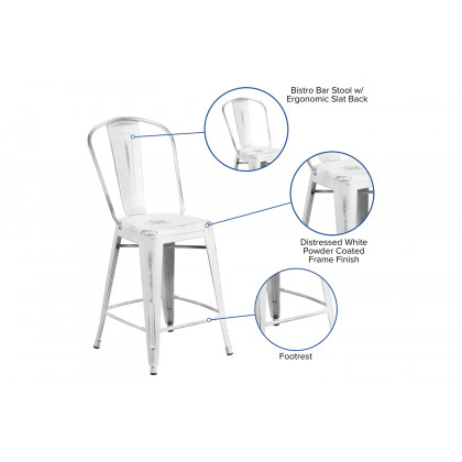 BLNK Carly Commercial Metal Distressed Indoor-Outdoor Counter Height Stool - White