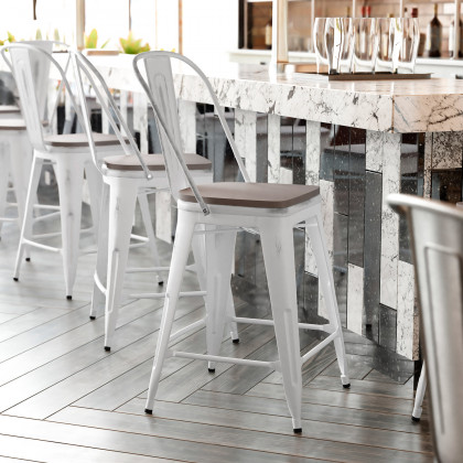 BLNK - Carly Commercial Metal Indoor-Outdoor Counter Height Stool with Poly Resin Wood Seat