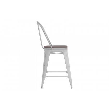 BLNK Carly Commercial Metal Indoor-Outdoor Counter Height Stool with Poly Resin Wood Seat - White/Gray