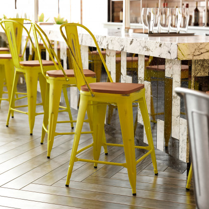 BLNK - Carly Commercial Metal Indoor-Outdoor Counter Height Stool with Poly Resin Wood Seat