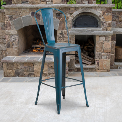 BLNK - Cindy Commercial Metal Distressed Indoor-Outdoor Bar Stool with Back